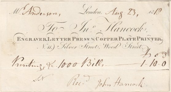 Trade Card for John Hancock, Engraver and Printer Met DP885083