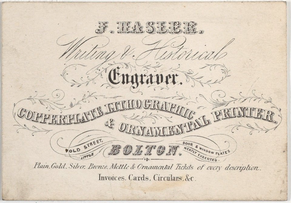 Trade Card for J. Hasler, Writing & Historical Engraver Met DP885226