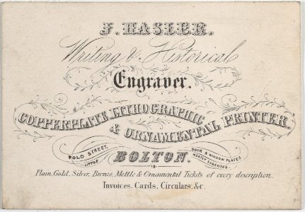 Trade Card for J. Hasler, Writing & Historical Engraver Met DP885226