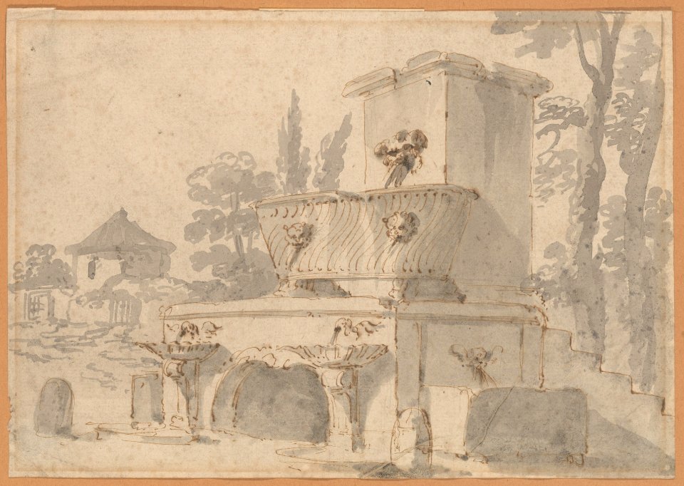 Venetian Capriccio- Landscape with a Farm Building, Sarcophagus, and Fountain (recto); Monument (verso) MET DP226093