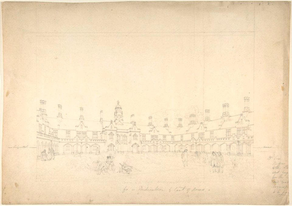 View of a Courtyard Surrounded by Buildings in Gothic Style with Central Clock Tower MET DP806368