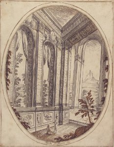 Vertical Oval Vignette of A Palace Interior with Two Figures Admiring Decoration; a Craggy Mountain Seen Through a Window in The Far Distance. MET 67.539.381