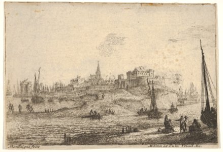 View of a peninsula with figures and ships with bare masts, in the right foreground five figures congregate around two barrels, town buildings beyond MET DP834144