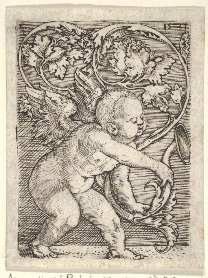 Vertical Panel with Cupid Holding the End of a Plant Sprouting Tendrils MET DP834288