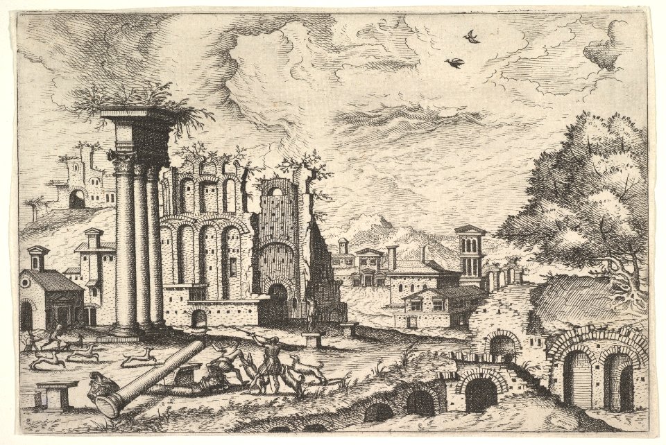 View of the Roman Forum, looking toward the Palatine Hill, from the series 'The Small book of Roman ruins and buildings' (Operum antiquorum romanorum) MET DP828783