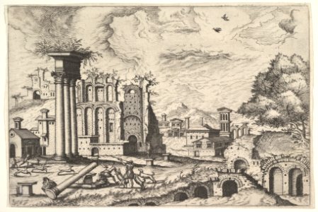 View of the Roman Forum, looking toward the Palatine Hill, from the series 'The Small book of Roman ruins and buildings' (Operum antiquorum romanorum) MET DP828783