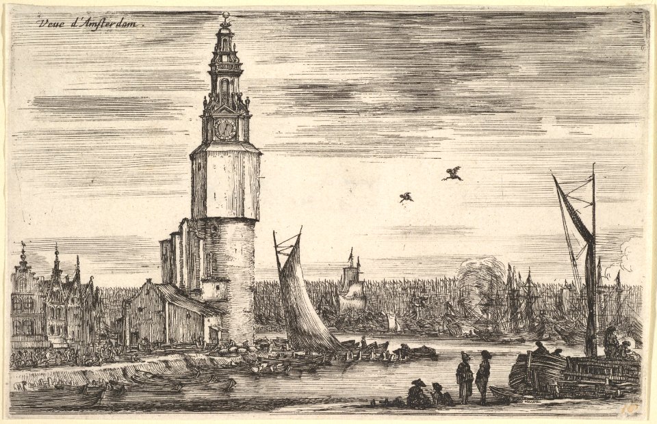 View of Amsterdam (Vue d'Amsterdam), a tower and houses to left, men standing on the pier to right, many ships in the port in the background, from 'Views of seaports' (Vues de ports de mar) MET DP828056