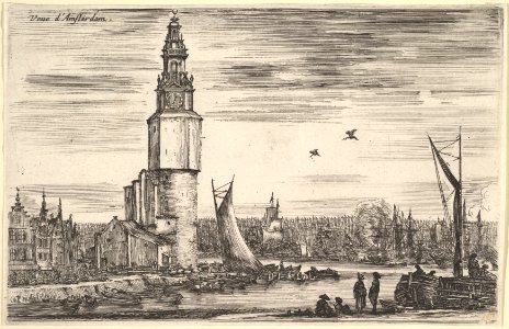 View of Amsterdam (Vue d'Amsterdam), a tower and houses to left, men standing on the pier to right, many ships in the port in the background, from 'Views of seaports' (Vues de ports de mar) MET DP828056