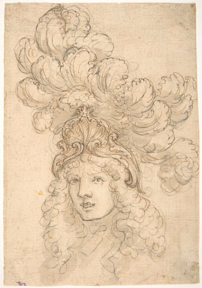 View in 3-4 of a Design for a Headpiece Decorated with a Shell and Large Plume MET DP809634
