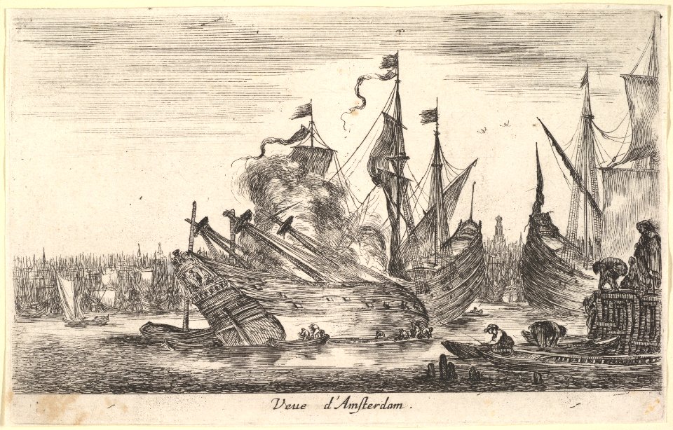View of the Amsterdam seaport (Veue d'Amsterdam), men in rowboats work on a ship in center, other men stand on a dock to right, from 'Views of seaports' (Vues de ports de mar) MET DP828054