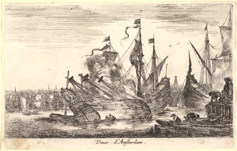 View of the Amsterdam seaport (Veue d'Amsterdam), men in rowboats work on a ship in center, other men stand on a dock to right, from 'Views of seaports' (Vues de ports de mar) MET DP828054