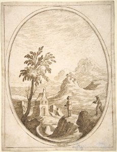 Vertical Oval Vignette of a Mountainous Landscape with Two Shepherds in the Foreground. MET DP808036