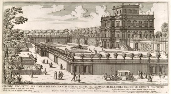 View of the side facade of the Palazzo Pamphili and its garden (Secondo prospetto per fianco del palazzo con diversa veduta del giardino del Bel respiro...Pamphilio) MET DP105008