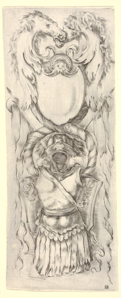 Vertical Panel with a Cartouche stacked on top of a Cuirass, from- 'Ornaments or Grotesques' (Ornamenti o Grottesche) MET DP833534