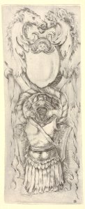 Vertical Panel with a Cartouche stacked on top of a Cuirass, from- 'Ornaments or Grotesques' (Ornamenti o Grottesche) MET DP833534
