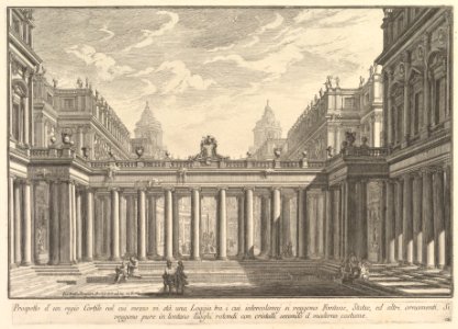 View of a courtyard with a loggia, fountains, statues, and other ornaments (Prospetto d'un regio Cortile nel cui mezzo vi stà una Loggia . . .) MET DP828168