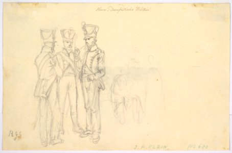 View of the Alter Kranen in Würzburg; verso- Study of Three Soldiers and Two More Figures MET DP827298