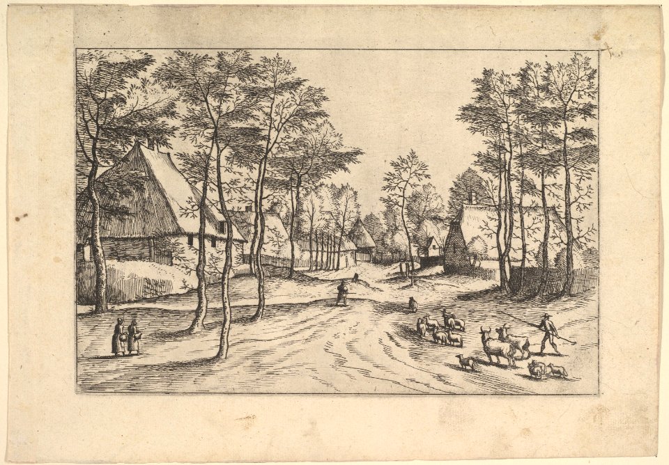 Village Street, cattle, sheep and herdsman in the foreground from Praediorum villarum et rusticarum casularum icones elenoantissimae ad vivum in apre deformatae MET DP825675