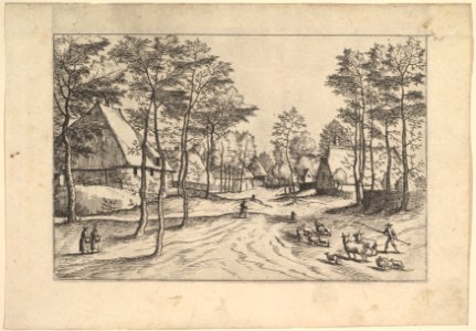 Village Street, cattle, sheep and herdsman in the foreground from Praediorum villarum et rusticarum casularum icones elenoantissimae ad vivum in apre deformatae MET DP825675
