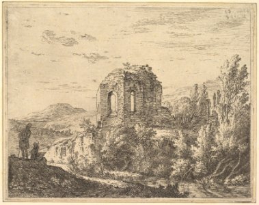View of ruins showing the corner of a building with two arched windows, in a landscape with a stream in the foreground, from a series of four plates showing ruins of a single building MET DP828273