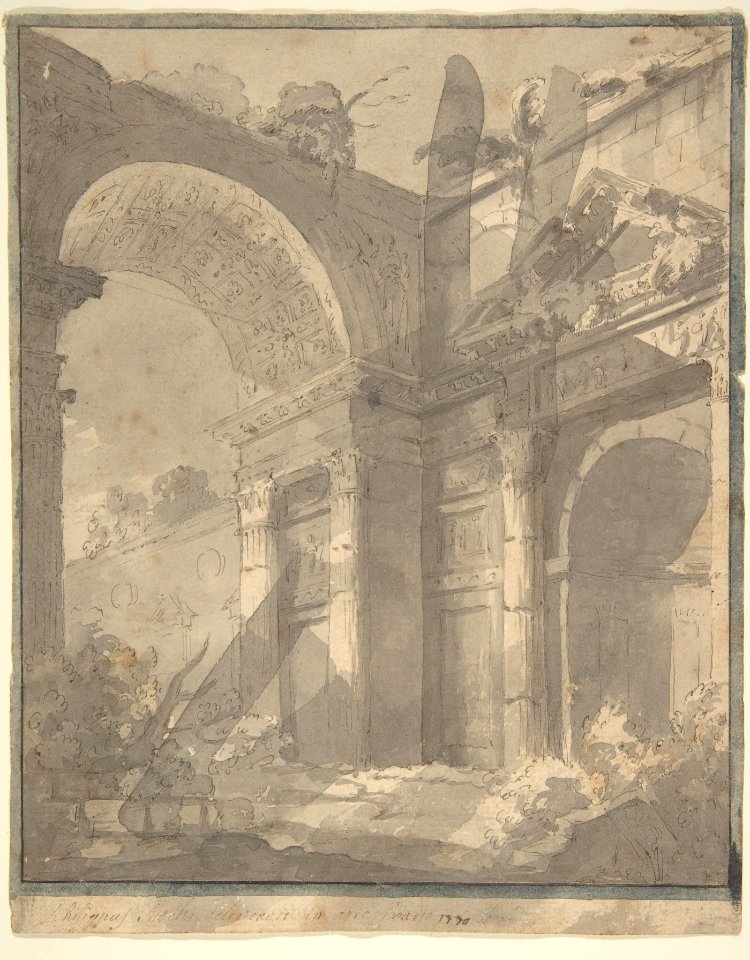 View of Ancient Roman Ruins, an Arch and a Triangular-Pedimented Doorway MET DP810685
