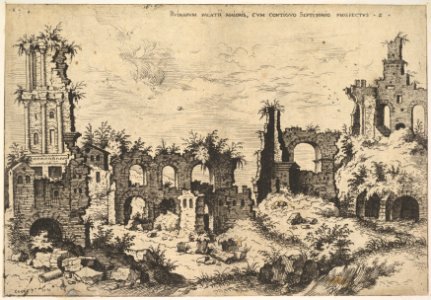 View of ruins on the Palatine Hill with trabeated facade at left and arcades at center, from the series 'The Ruins of Rome' (Praecipua aliquot Romanae antiquitatis ruinarum monimenta, vivis prospectibus) MET DP828807