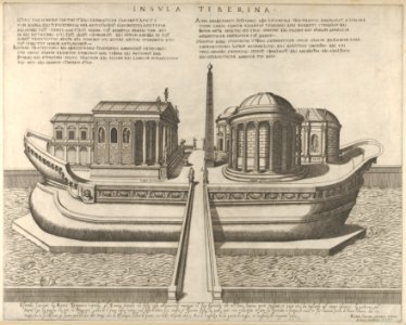 View of the Tiber Island represented as a ship, the Temple of Aesculapius at left MET DP847230