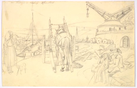 View of the Alter Kranen in Würzburg; verso- Study of Three Soldiers and Two More Figures MET DP827296