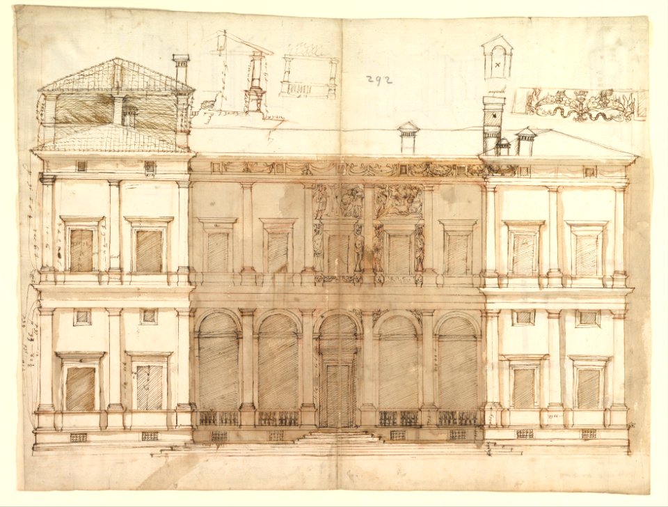Villa of Agostino Chigi (La Farnesina), Rome, north façade, with ornamental detailing (recto); Villa of Agostino Chigi (La Farnesina), Rome, plan and moulding profiles (verso) MET DP819311