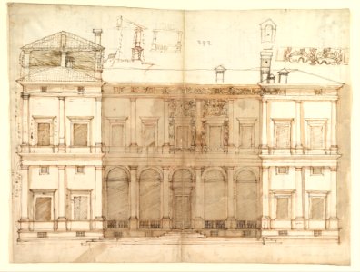 Villa of Agostino Chigi (La Farnesina), Rome, north façade, with ornamental detailing (recto); Villa of Agostino Chigi (La Farnesina), Rome, plan and moulding profiles (verso) MET DP819311