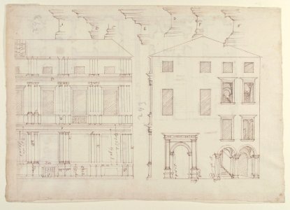 Villa Farnesina, Stables, half front elevation and end elevation (recto) Palazzo Salviati-Adimari, plan (verso) MET 49.92.50 RECTO