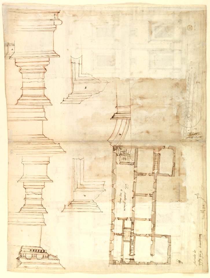 Villa of Agostino Chigi (La Farnesina), Rome, north façade, with ornamental detailing (recto); Villa of Agostino Chigi (La Farnesina), Rome, plan and moulding profiles (verso) MET DP819312