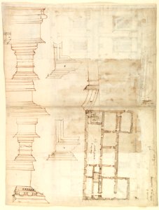 Villa of Agostino Chigi (La Farnesina), Rome, north façade, with ornamental detailing (recto); Villa of Agostino Chigi (La Farnesina), Rome, plan and moulding profiles (verso) MET DP819312