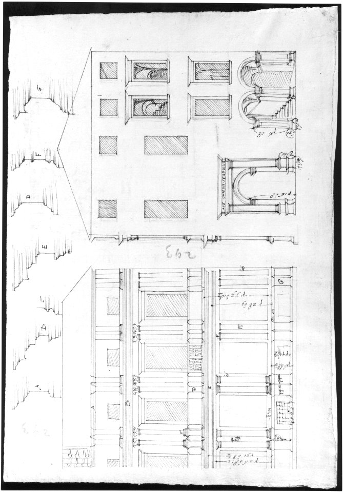 Villa Farnesina, Stables, half front elevation and end elevation (recto) Palazzo Salviati-Adimari, plan (verso) MET sf49 92 50r-MM30696