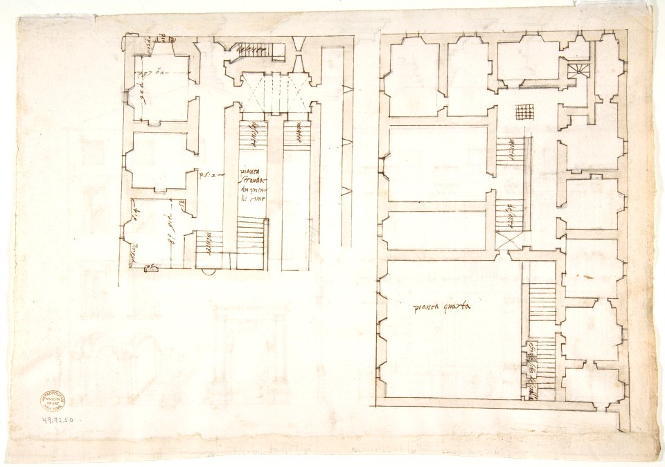 Villa Farnesina, Stables, half front elevation and end elevation (recto) Palazzo Salviati-Adimari, plan (verso) MET DP810641