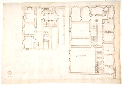 Villa Farnesina, Stables, half front elevation and end elevation (recto) Palazzo Salviati-Adimari, plan (verso) MET DP810641