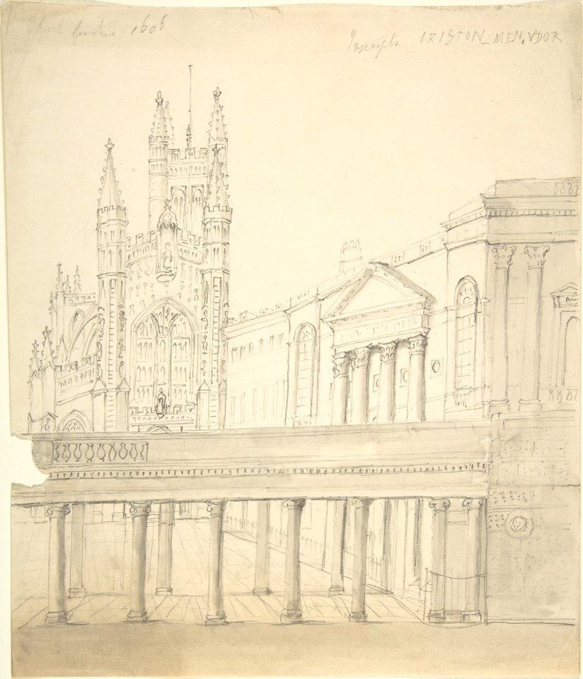 View of the Abbey and Great Pump Room at Bath, Through the Colonnade Added by Thomas Baldwin, 1786-9 MET DP806102