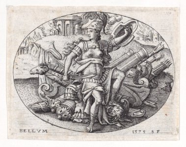 War- Bellona sits on a trophy of arms Met DP888038