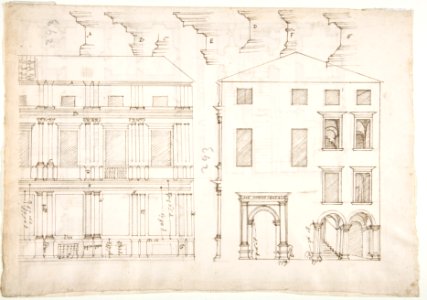 Villa Farnesina, Stables, half front elevation and end elevation (recto) Palazzo Salviati-Adimari, plan (verso) MET DP810640