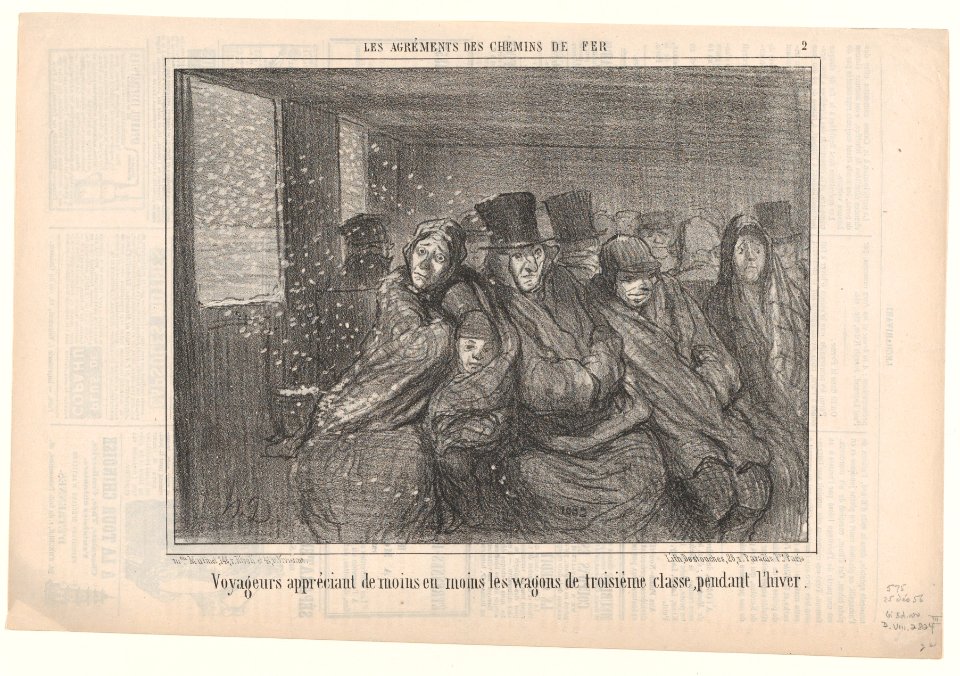 Voyageurs appréciant de moins en moins les..., from Les Agréments des Chemins de Fer, published in Le Charivari, December 25, 1856 MET DP857446
