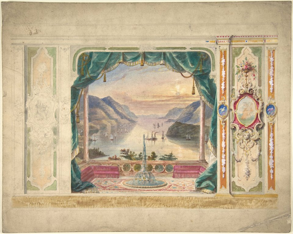 Wall Design with a Trompe l'Oeil Balcony Overlooking a Mountainous Harbor MET DP806271
