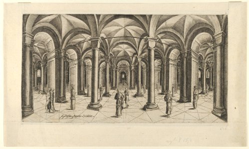 View in Fisheye perspective of a Hall with Columns and Cross Rib Vaulting MET DP838164. Free illustration for personal and commercial use.