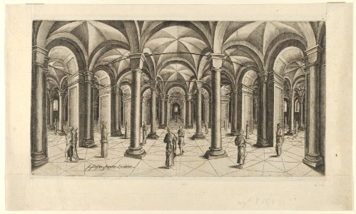 View in Fisheye perspective of a Hall with Columns and Cross Rib Vaulting MET DP838164