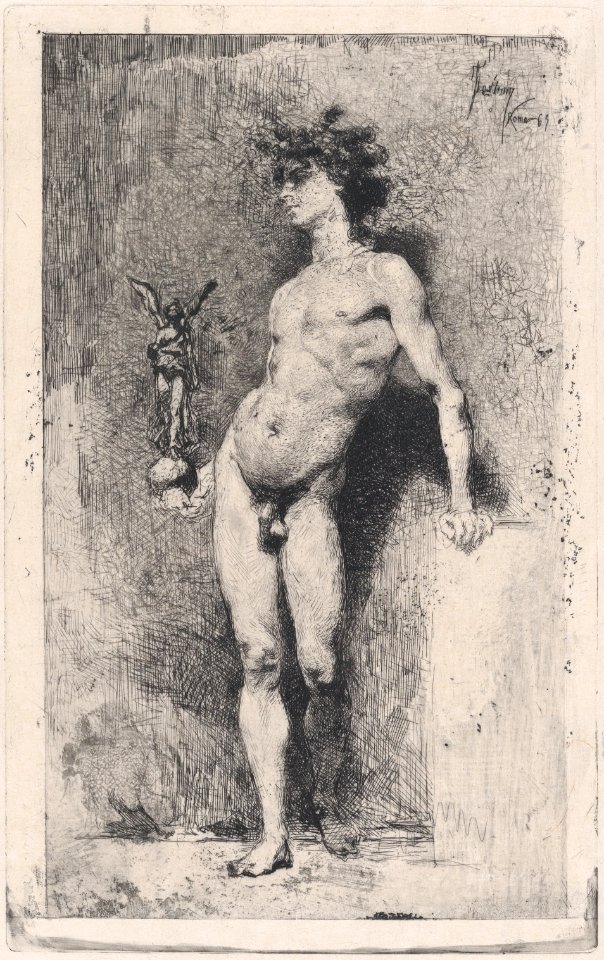 Victory- a naked youth standing facing left holding a statue of winged Victory in his right hand MET DP876121