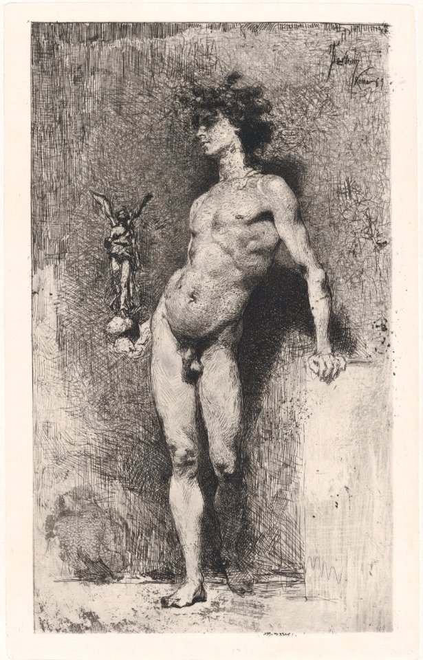 Victory- a naked youth standing facing left holding a statue of winged Victory in his right hand MET DP876119