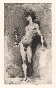 Victory- a naked youth standing facing left holding a statue of winged Victory in his right hand MET DP876119