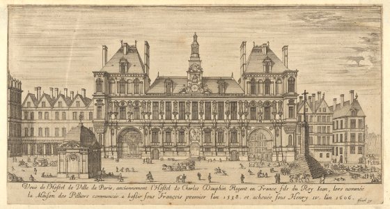 View of the facade of the Hôtel de Ville, Paris, in the foreground a cross on a stepped platform and a freestanding domed building MET DP834300. Free illustration for personal and commercial use.