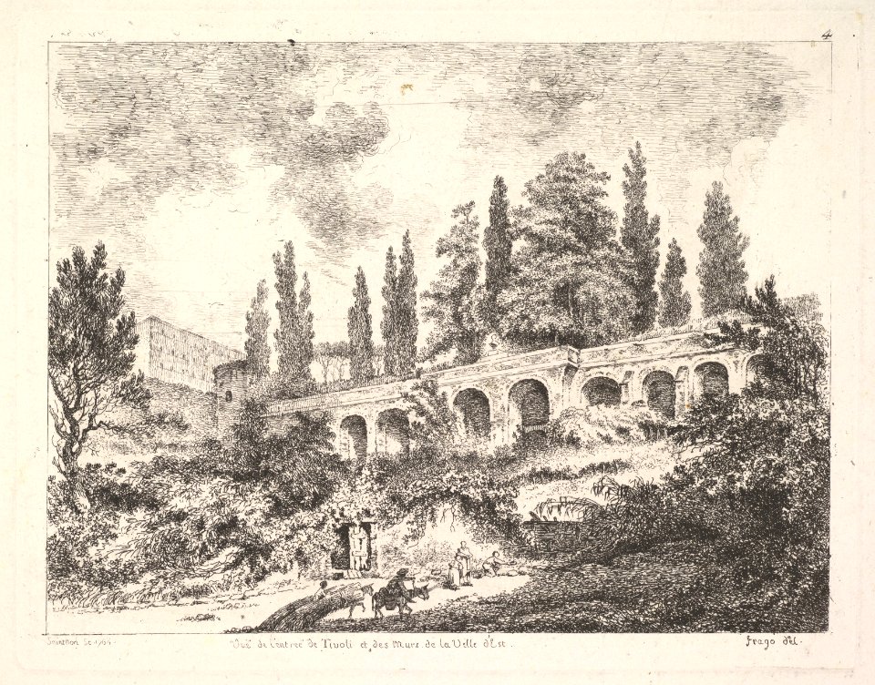 View of the entrance to Tivoli and the walls of the Villa d'Este, horsemen approaching the entrance at bottom center, arched entrance in the middleground, cyrus trees and other plants surrounding MET DP829065