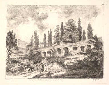 View of the entrance to Tivoli and the walls of the Villa d'Este, horsemen approaching the entrance at bottom center, arched entrance in the middleground, cyrus trees and other plants surrounding MET DP829065