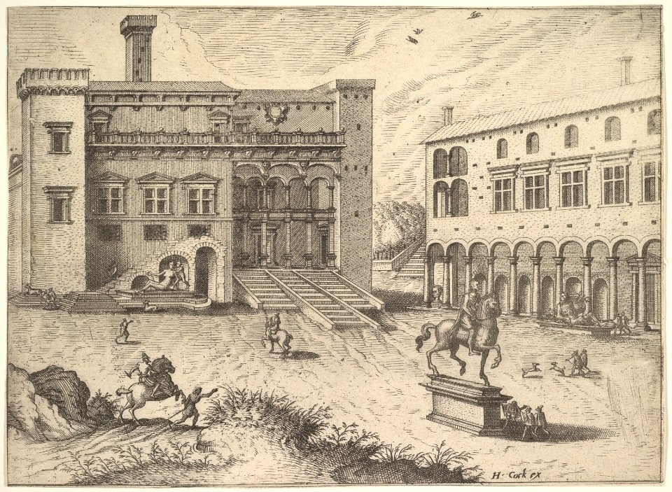 View of the Campidoglio on the Capitoline Hill, with equestrian statue at lower right, from the series 'The Small book of Roman ruins and buildings' (Operum antiquorum romanorum) MET DP828784